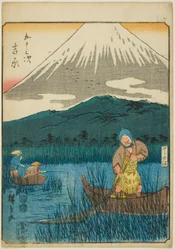 Yoshiwara, aus der Serie "Dreiundfünfzig Stationen [des Tokaido] (Gojusan tsugi)," auch bekannt als die Figuren-Tokaido (Jinbutsu Tokaido)