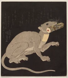 Ichikawa Danjūrō VII in einem Rattenkostüm, hält eine magische Schriftrolle