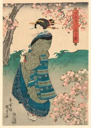 Frau betrachtet Kirschblüten am Ufer des Sumida-Flusses (Sumidagawa hana no kei)