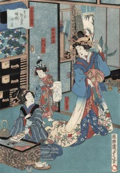 Ukiyo-e-Druck einer Geisha mit Hibachi von Kunisada II, um 1860