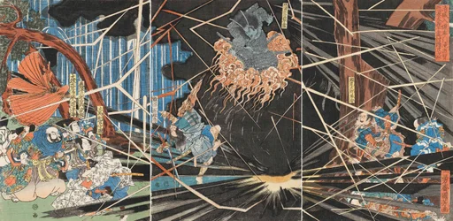 Geist von Akugenda Yoshihira greift Nanba Jiro am Nunobiki-Wasserfall an, ca. 1825