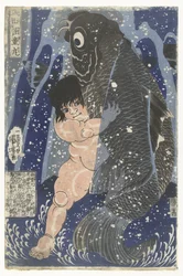 Kintarō ringt mit einem Karpfen