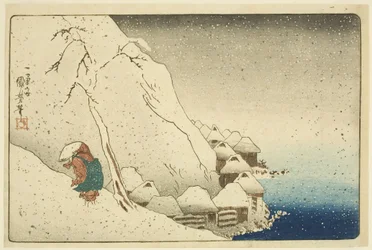 Nichiren im Schnee bei Tsukahara auf der Insel Sado (Farbholzschnitt)