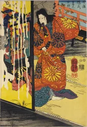 Teil eines Farbholzschnitt-Triptychons mit dem Titel Imayo Teruuji furudera no kozu