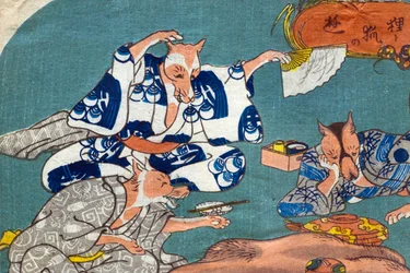 Waschbär und Fuchs beim Spielen (Tanuki to kitsune no asobi), ca. 1842