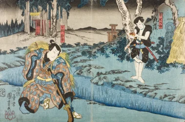 Sawamura Chōjūrō V. als Hayano Kanpei und Ichikawa Kuzō II. als Ono Sadakurō im fünften Akt des Schauspiels Kanadehon Chūshingura