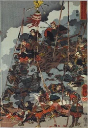 Blatt aus einem Farbholzschnitt-Triptychon mit dem Titel Eiroku yonnen kugatsu yokka Kawanakajima kassen ni Yamamoto Kansuke nyūdō no uchijini no zu