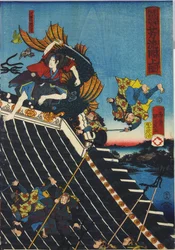 Blatt aus einem Farbholzschnitt-Triptychon, betitelt Hōryūkaku shō no zu, das eine Szene aus dem Hakkenden von Takiwzawa Bakin zeigt, die einen Kampf auf dem Tempeldach zwischen Inuzuka Shino darstellt