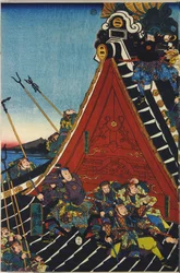 Blatt aus einem Farbholzschnitt-Triptychon, betitelt Hōryūkaku shō no zu, das eine Szene aus dem Hakkenden von Takizawa Bakin zeigt, in der ein Kampf auf dem Tempeldach zwischen Inuzuka Shino dargestellt wird