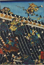 Blatt aus einem Farbholzschnitt-Triptychon, betitelt Hōryukaku shō no zu, Darstellung einer Szene aus dem Hakkenden von Takizawa Bakin, die einen Kampf auf dem Tempeldach zwischen Inuzuka Shino (rechts) und der Polizei unter Inukai Kempachi zeigt, adaptier