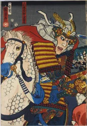 Blatt aus einem farbigen Holzschnitt-Triptychon mit dem Titel „Kawanakajima kassen“ (Die Schlacht von Kawanakajima), das eine Nahansicht der persönlichen Begegnung der beiden Heerführer Uesugi Kenshin (links) und Takeda Shingen zeigt: Japan, Edo