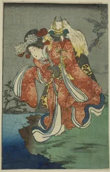 Shizuka Gozen, Abschnitt eines Blattes aus der Serie "Ein Harimaze-Spiegel von Joruri-Stücken (Harimaze joruri kagami)"
