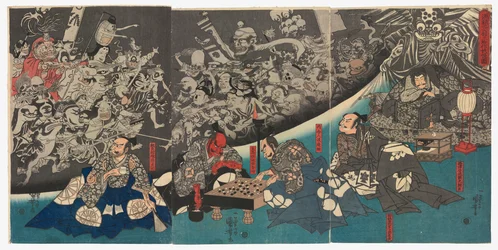 Die Erdspinne erzeugt Monster im Herrenhaus von Lord Minamoto Yorimitsu (Minamoto Yorimitsu [Raikō] kō no yakata ni tsuchigumo yōkai o nasu zu)