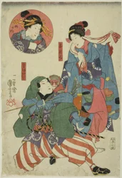 Die Schauspieler Bando Shuka I als Teepflücker (Chatsumi), Ichimura Uzaemon XII als Affentrainer (Sarumawashi) und Onoe Kikugoro II als Umegae (Einsatz)