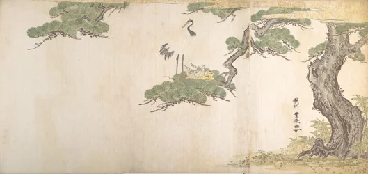 Kraniche und ihre Jungen im Nest in den Zweigen einer Kiefer, ca. 1790
