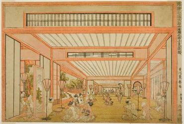 Ansichten von Empfangsräumen in Japan - Unterhaltungen am Tag der Ratte im modernen Stil (Uki-e wakoku keiseki ozashiki imayo ne no hi no asobi no zu)