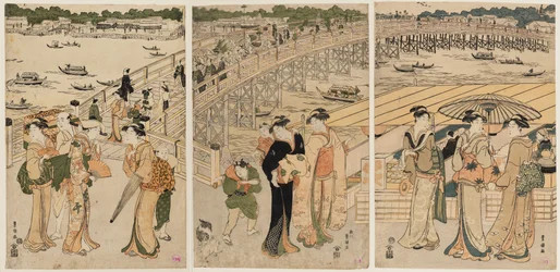 Ryōgoku-Brücke mit Figuren im Vordergrund