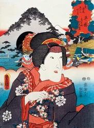 Porträt einer Kabuki-Theaterschauspielerin, Ukiyo-e-Kunstdruck von Utagawa Toyokuni (1769-1825), Holzschnitt, japanische Zivilisation, Edo-Zeit