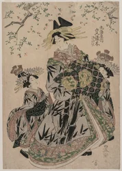 Die Kurtisane Katakoshigi (?) von Maruebiya mit ihren Kamuro Ageha und Midori