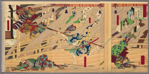 Mori Ranmaru im Kampf bei Honnoji getötet (Honnoji ni Mori Ranmaru uchijini no zu), aus der Serie "Die Aufzeichnungen von Toyotomis Errungenschaften (Toyotomi kunkoki)"