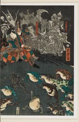 Nikushi der Froschgeist beschwört einen magischen Kampf der Frösche in Tateyama in der Provinz Etchū