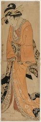 Geisha steht neben einem Shamisen-Kasten, ca. 1810