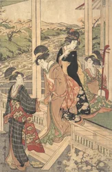 Gruppe von Frauen auf der Engawa eines Landhauses zur Zeit der Kirschblüte