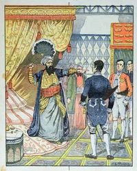 Der Dey von Algier, Hussein ibn El Hussein schlägt den französischen Botschafter M. Deval mit einem Fächer, 27. April 1827, Titelbild eines Schulbuchs, 1891