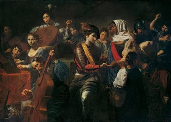 Fröhliche Gesellschaft mit Wahrsagerin. Genreszene in einer Taverne, Komposition mit Musikern (Violine, Violoncello, Klavier und Laute), Männer am Tisch bereiten ihr Getränk vor, die Wahrsagerin