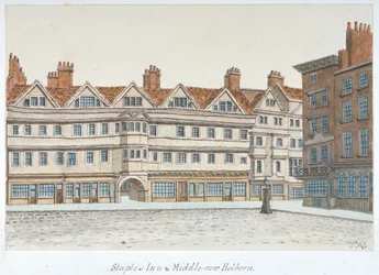 Ansicht von Staple Inn und den Gebäuden von Middle Row im Zentrum von Holborn, London