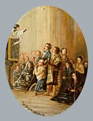 Die Predigt. Gemälde von Valeriano DOMINGUEZ BECQUER (1834-1870). Öl auf Holz