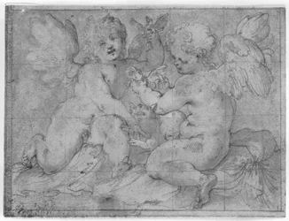 Zwei Putti spielen mit einer Katze und zwei Vögeln