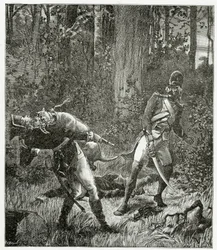 Rask der Hund tötet einen englischen Soldaten - Illustration aus Bug-Jargal, 19. Jahrhundert
