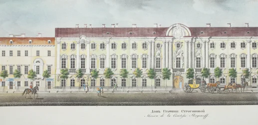Der Stroganov-Palast aus dem Panorama des Newski-Prospekts