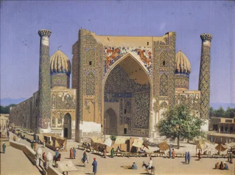 Die Sherdar-Madrasa am Registan-Platz in Samarkand, 1869-1870