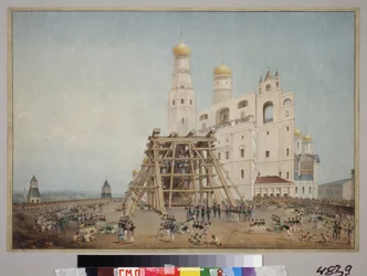 Installation der Zarenglocke im Kreml von Moskau im Jahr 1836. Werk von Vasily Semyonovich Sadonikov (1800-1879), Aquarell auf Papier