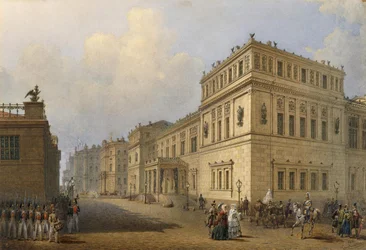Ansicht der Neuen Eremitage durch die Millionnaya-Straße
