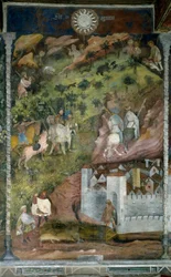 Monat November: Winteraktivitäten. Schweinezüchter kehren in die Stadt zurück und Jäger gehen auf Bärenjagd.