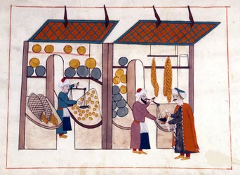 Ein Obst- und Gemüsehändler (vier Jahreszeiten) in Konstantinopel, Türkei unter dem Osmanischen Reich. Miniatur aus „Türkische Denkmäler“ (Codex Cicogna 1971 „Memorie Turchesche“) Aquarell aus der venezianischen Schule des 17. Jahrhunderts