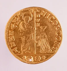Goldmünze (Zecchino oder Sequin) aus der Republik Venedig: Herrschaft von Doge Nicolo Contarini (1630-1631). Durchmesser 3,4 cm Rom, Museo Nazionale delle Terme
