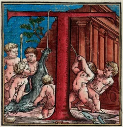 Initiale T, Detail aus einer Seite von "De Humani Corporis Fabrica Libri Septem" von Andreas Vesalius