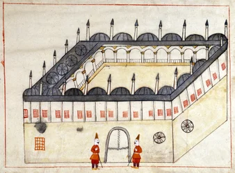 Ansicht von außen einer Karawane in Andrinople (heute Edirne) in der Türkei unter dem Osmanischen Reich. Miniatur aus „Türkische Denkmäler“ (Codex Cicogna 1971 „Memorie Turchesche“)
