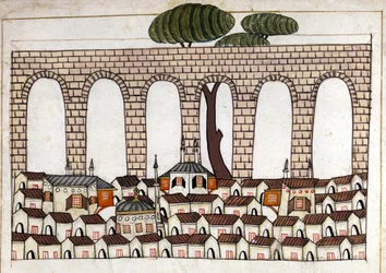Ansicht von Konstantinopel und seinem Aquädukt. Miniatur aus „Türkische Denkmäler“ (Codex Cicogna 1971 „Memorie Turchesche“) Aquarell aus der venezianischen Schule des 17. Jahrhunderts.
