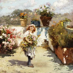 Ein junges Mädchen sammelt Blumen im Sonnenschein