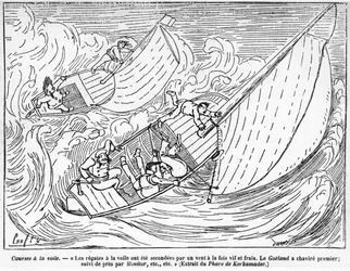 Segelbootrennen, gekenterte Boote: „Die Segelregatten wurden von einem starken und frischen Wind unterstützt. Das Boot Goeland kenterte zuerst, gefolgt von Monitor...“ - Zeichnung von Crafty, in „The Centaur“