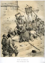 Ermordung von Étienne Marcel, reichem Tuchhändler und Vorsteher der Kaufmannschaft (1316-1358), durch den Schöffen Jean Maillart, einen der Anführer der royalistischen Partei, im Juli 1358. Stich von Victor Adam (1801-1866) in dem veröffentlichten Buch