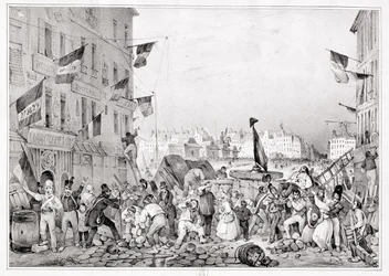 Barrikade an der Rue Dauphine, 29. Juli 1830, graviert von H. Delaporte