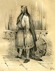 Clodion der Haarige, Anführer der salischen Franken von etwa 428 bis zu seinem Tod 447, wahrscheinlich Vorfahre der Merowinger. Gravur von Victor Adam (1801-1866) im Buch „Frankreich im Mittelalter“ veröffentlicht von den Ardant-Brüdern Mitte des 19. Jahrh