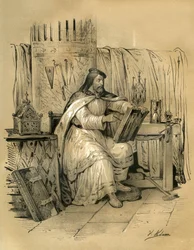 Saint Eloi (ca. 588-660), Goldschmied und Schatzmeister des Königs der Franken Dagobert I., dann Bischof von Noyon ab 641 bis zu seinem Tod. Gravur von Victor Adam (1801-1866) im Buch „Frankreich im Mittelalter“ veröffentlicht von den Ardant-Brüdern