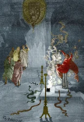 Antikes Griechenland: Darstellung der Pythia, Priesterin im Tempel des Apollo im antiken Griechenland. Gravur aus Die Geheimnisse der Wissenschaft von Louis Figuier, Privatsammlung